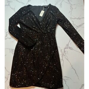 CBR Black Sequin Wrap V Neck Long Sleeve Mini Dress Women's XL